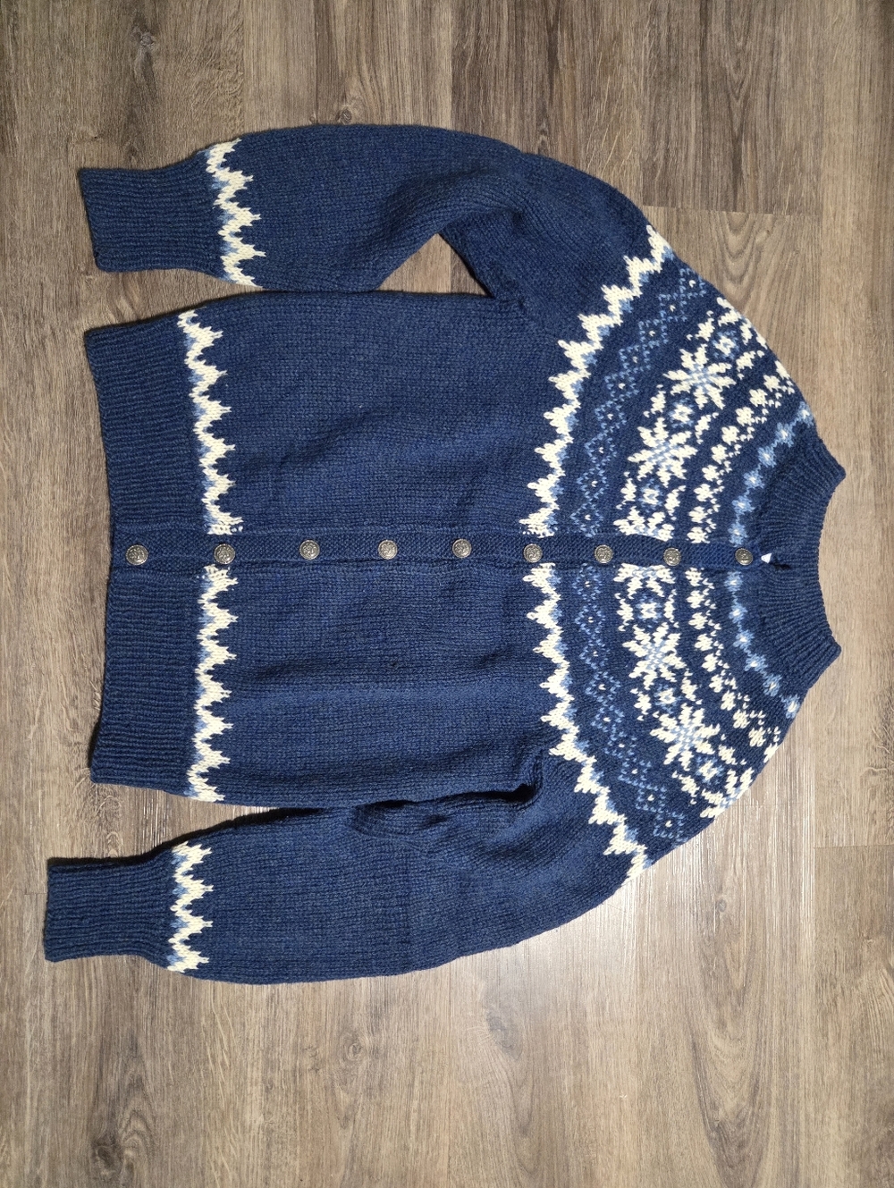 Vintage Danspun Wool Danish Handknit Navy Fair Isle Button-Front Wool Cardigan